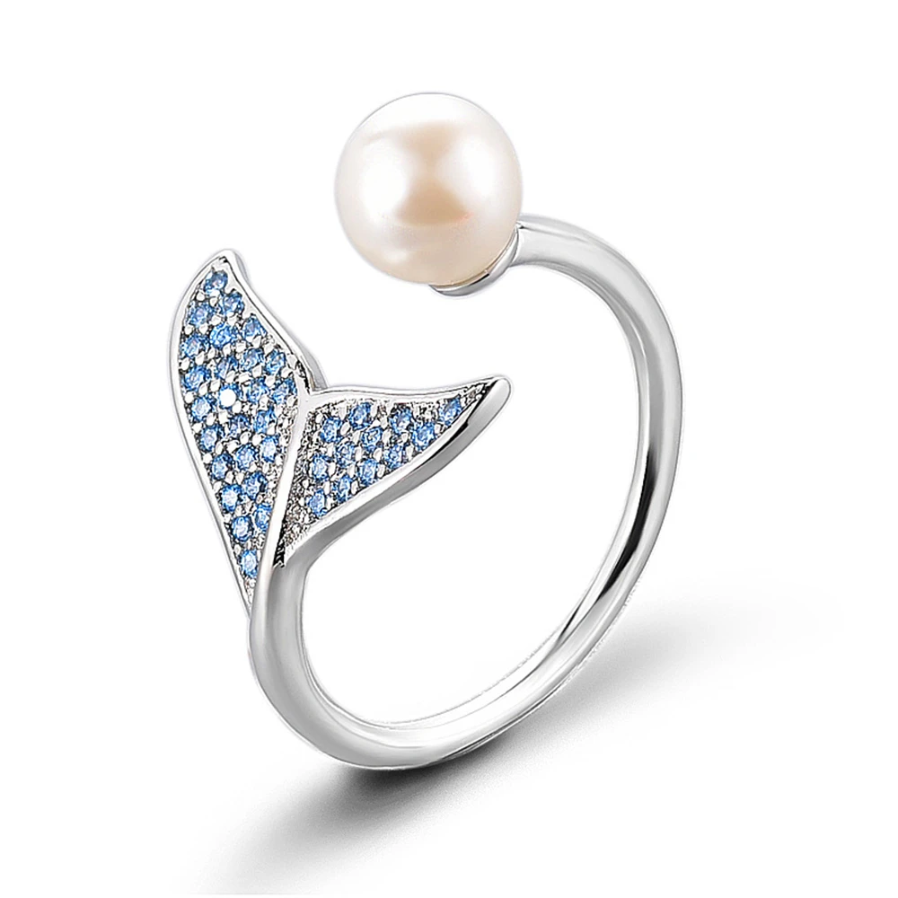 

LOREDANA pearl set zircon fishtail ring, adjustable opening for ladies ring, blue zircon fishtail set for women