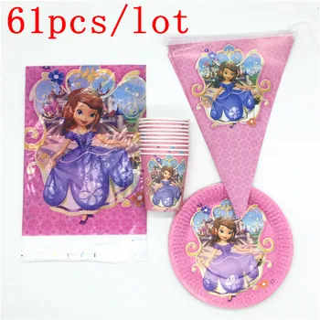 

61Pcs/Lot Cups Plates Flags Tablecloth Set Disney Princess Sofia Design Kids Birthday Party Decoration Supplies For 10 People