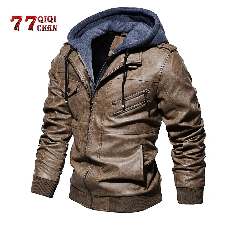 casaco de couro masculino com capuz
