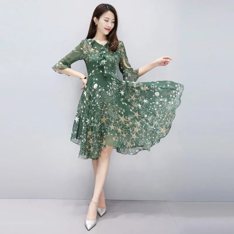 

Summer Women Boho Flare Half Sleeve Beach Dress Casual Starry Sky Print Dress Femme Chiffon Turn-down Neck Vestido