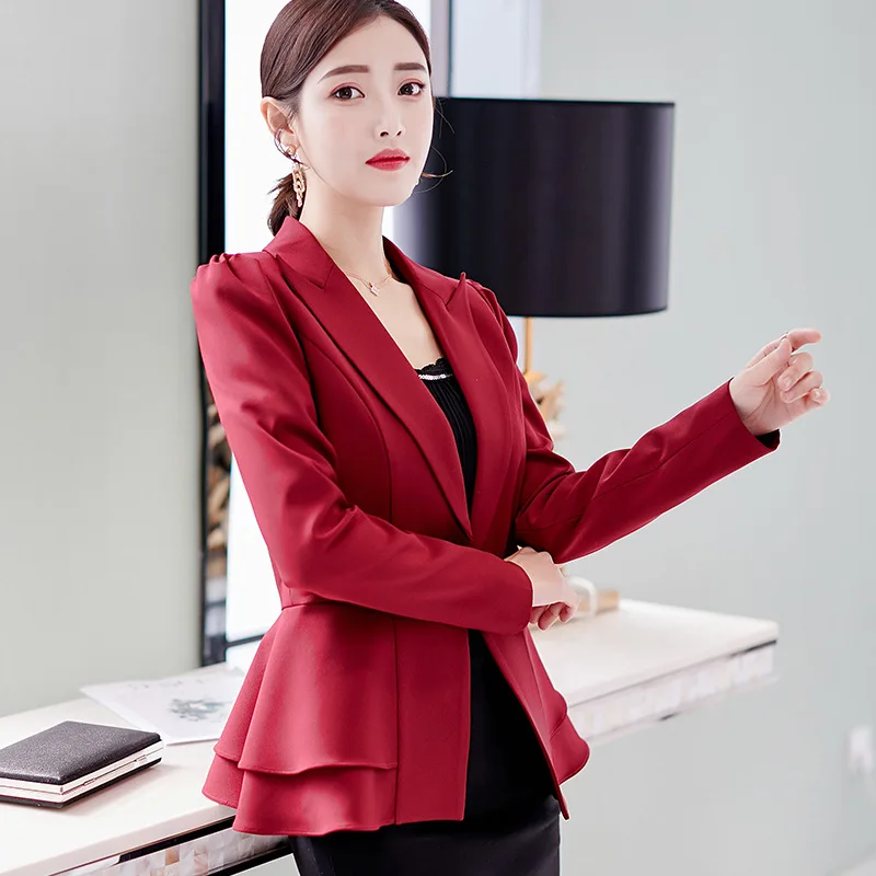 Короткие пальто для деловых женщин, модная маленькая тонкая талия, Пеплум стиль, элегантная офисная Дамская деловая короткая черная куртка на одной пуговице - Цвет: Burgundy