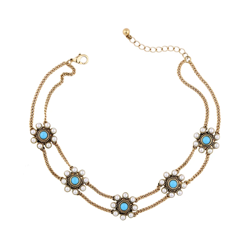 

Blue Flower Choker Necklace Imitation Pearl Fashion Perfume Women Collares Short Necklace Indian Jewelry