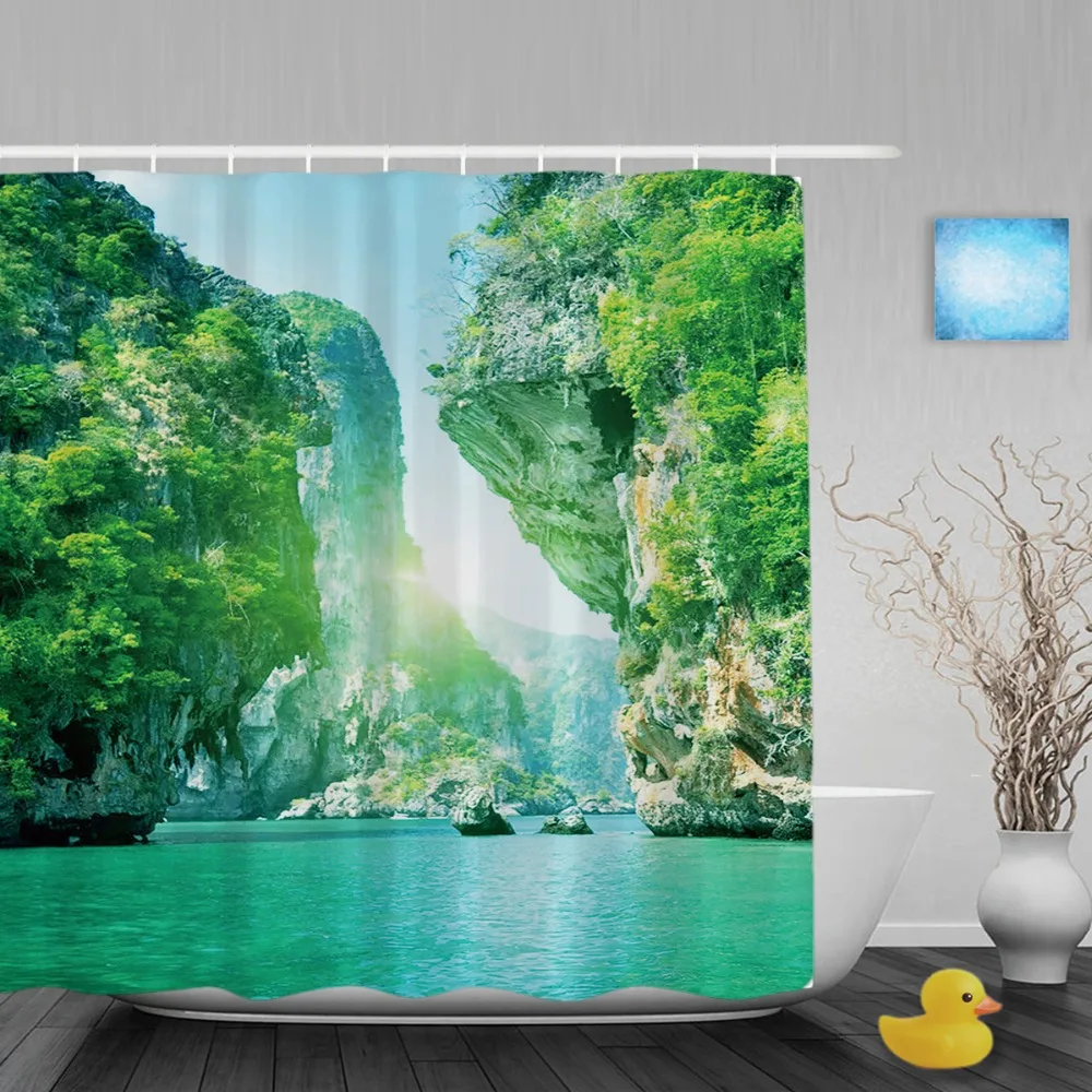 Natural Landcape Bathroom Shower Curtains Lake Stone Mountains Bathroom Curtain Polyester