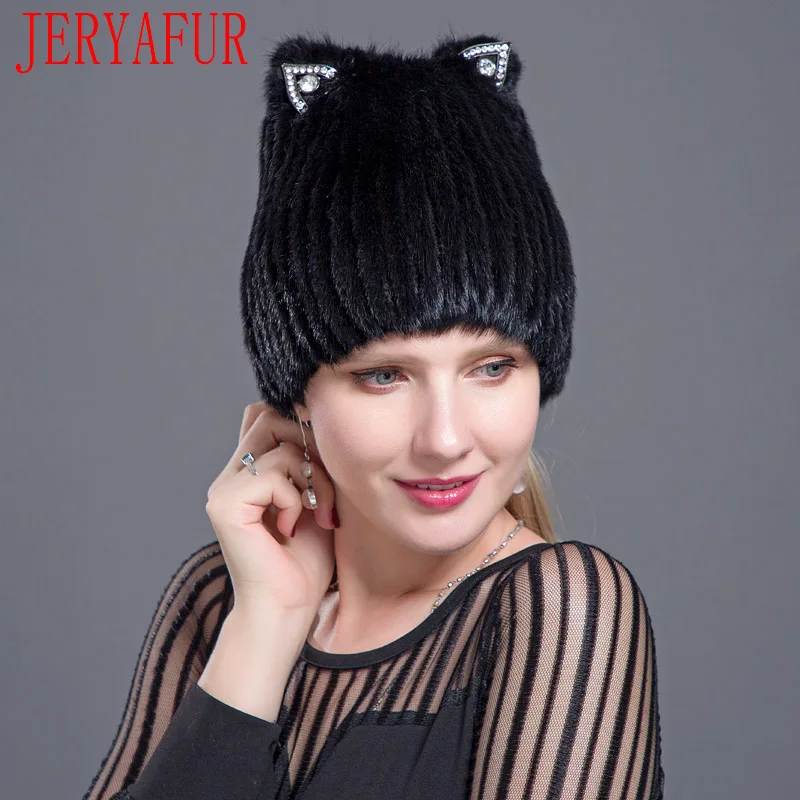 JERYAFUR, русская Мода, шапка из меха норки и лисы, Модная молодежная зимняя женская шапка с кошачьими ушками, милая шапка из меха норки, лыжная шапка, меховая шапка - Цвет: COLOR3