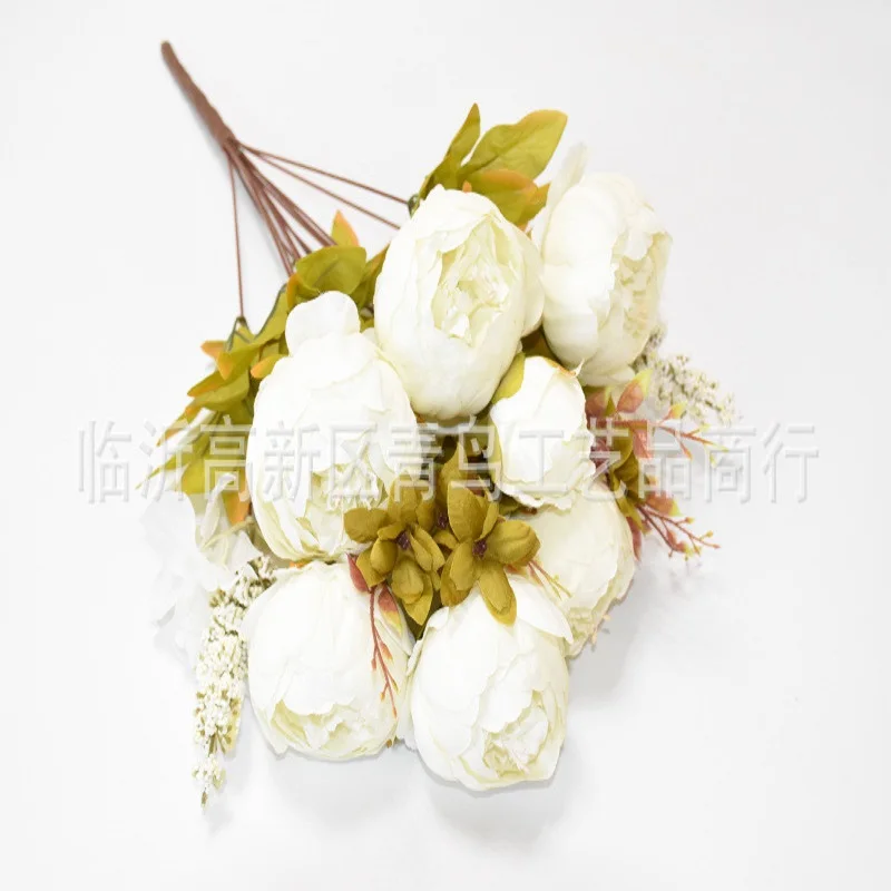 13 головок, искусственные цветы, шелковые цветы, европейские осенние яркие пионы, искусственные листья, свадебные, вечерние, для дома - Цвет: White