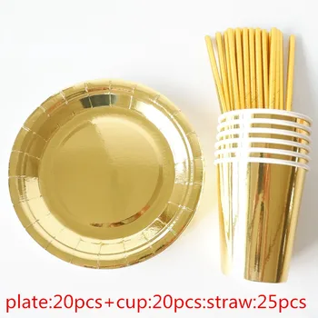 

65pcs Foil Gold Disposable Party Tableware Sets Paper Plates Cups Straws for Birthday Bridal Shower Children Party Decoration
