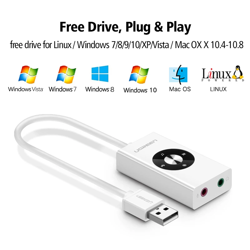 Внешняя звуковая карта USB 5 1 Ugreen стерео Mic Speaker Audio Jack 3 мм Кабель адаптер для ПК