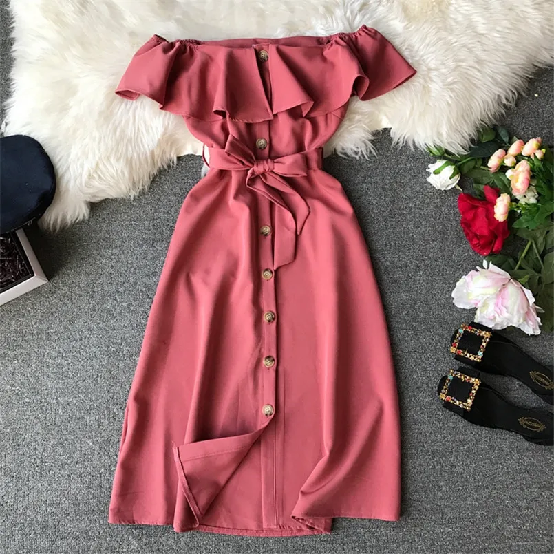 

Bohemian 2019 Ruffles Sexy Summer Off Shoulder Bandage Midi Long Dress Women Casual Beach Button Party Evening Boho Vestidos