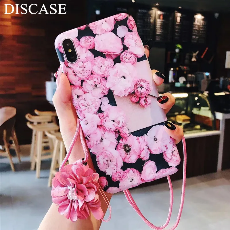 DISCASE IMD Vintage Camellia Phone Case For iphone X XR XS MAX 8 7 6plus 3D Scrub Lanyard TPU All Inclusive Coque | Мобильные