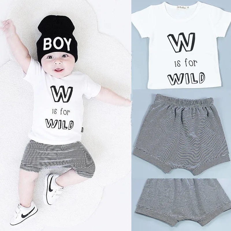CieiK Summer Baby Girls Clothes Set 2PCS Short T shirt + Pant Letter Newborn Boys Костюмы Хлопок Младенец Полосатая