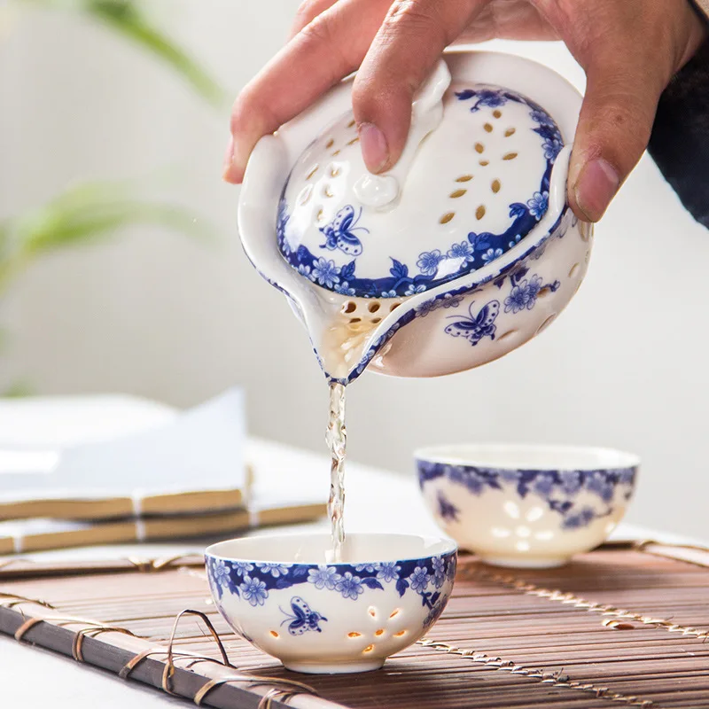 Blue and white porcelain travel tea set 1 Pot 2 Cup, High quality