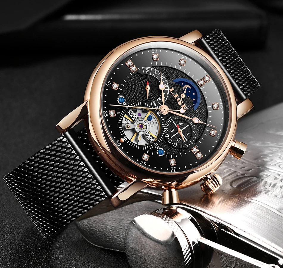 NewLIGE Tourbillon Мужские модные часы в деловом стиле автоматические механические часы мужские повседневные кожаные водонепроницаемые часы Relogio Masculino