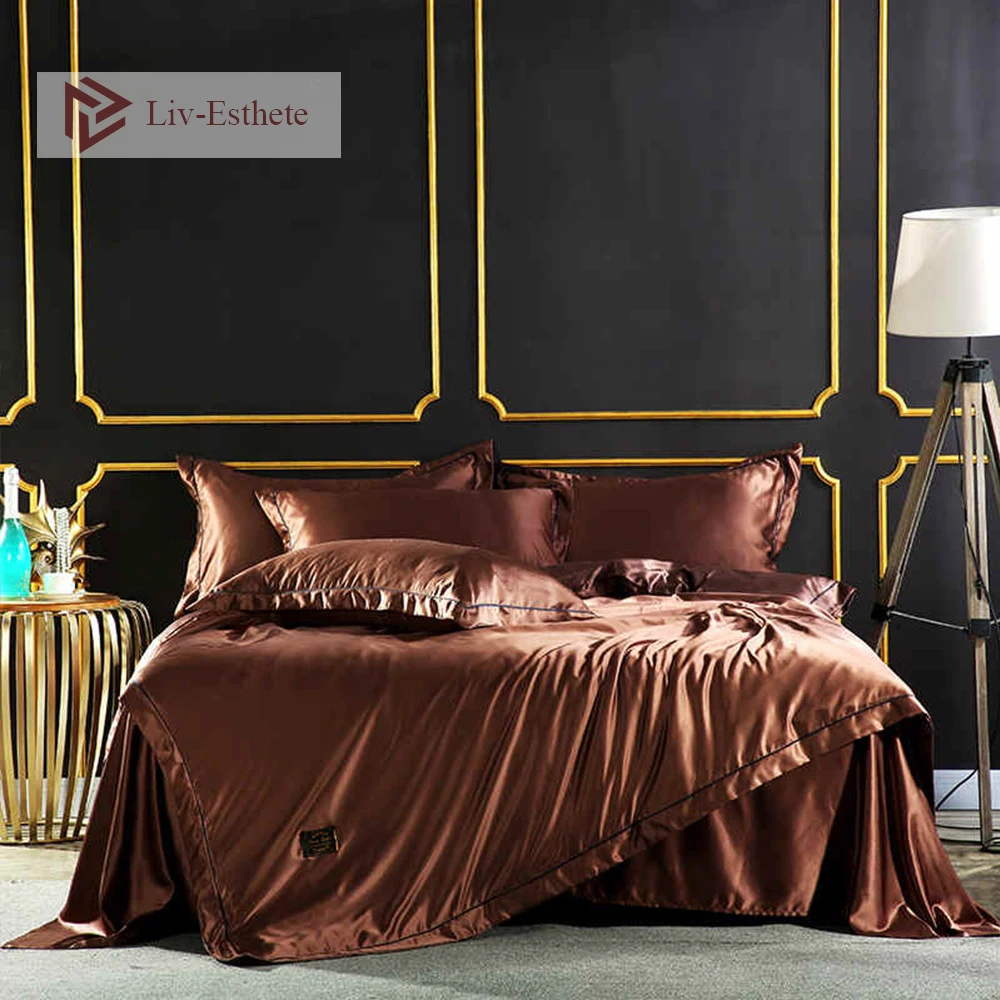 

Liv-Esthete 100% Silk Coffee Luxury Bedding Set Double Queen King Duvet Cover Pillowcase Bedspread Soft Bed Linens Home Textiles