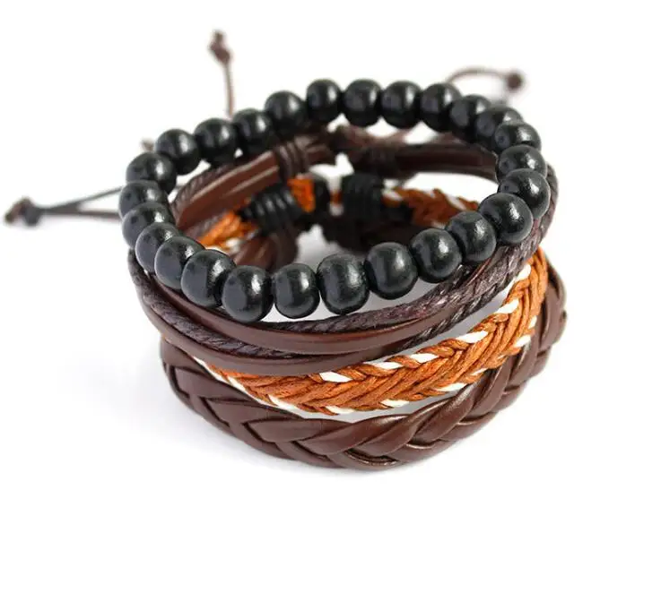 

1 Set 4PCS leather bracelet Men's multi-layer bead bracelet women's retro punk casual men's jewelry bracelet jewelry accessories