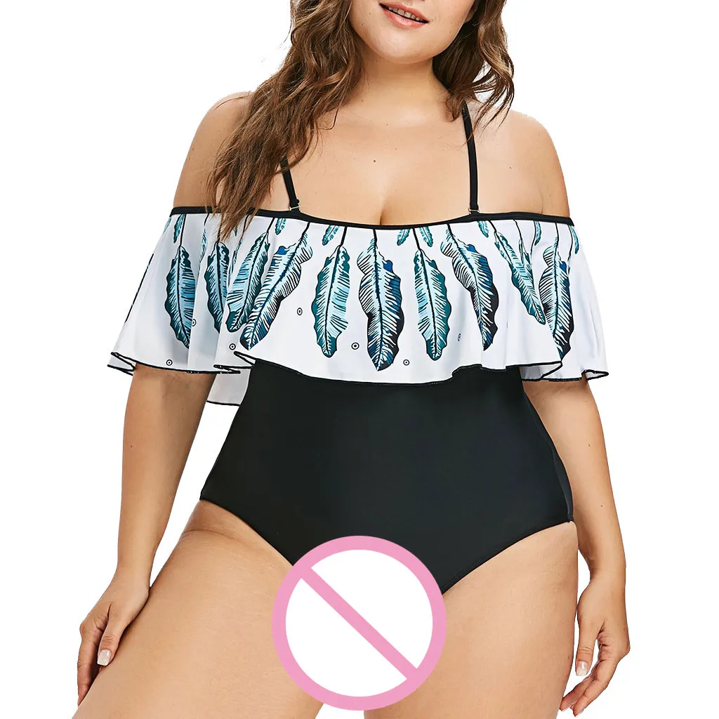 

CHAMSGEND Women Bikini Feather Print Add Fertilizer To Increase Open Back Ruffle Loose High Waist Summer One Piece Swimsuit