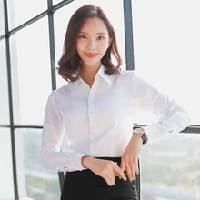 Blusa feminina manga comprida listrada, cor sólida justa branca social topos blusas