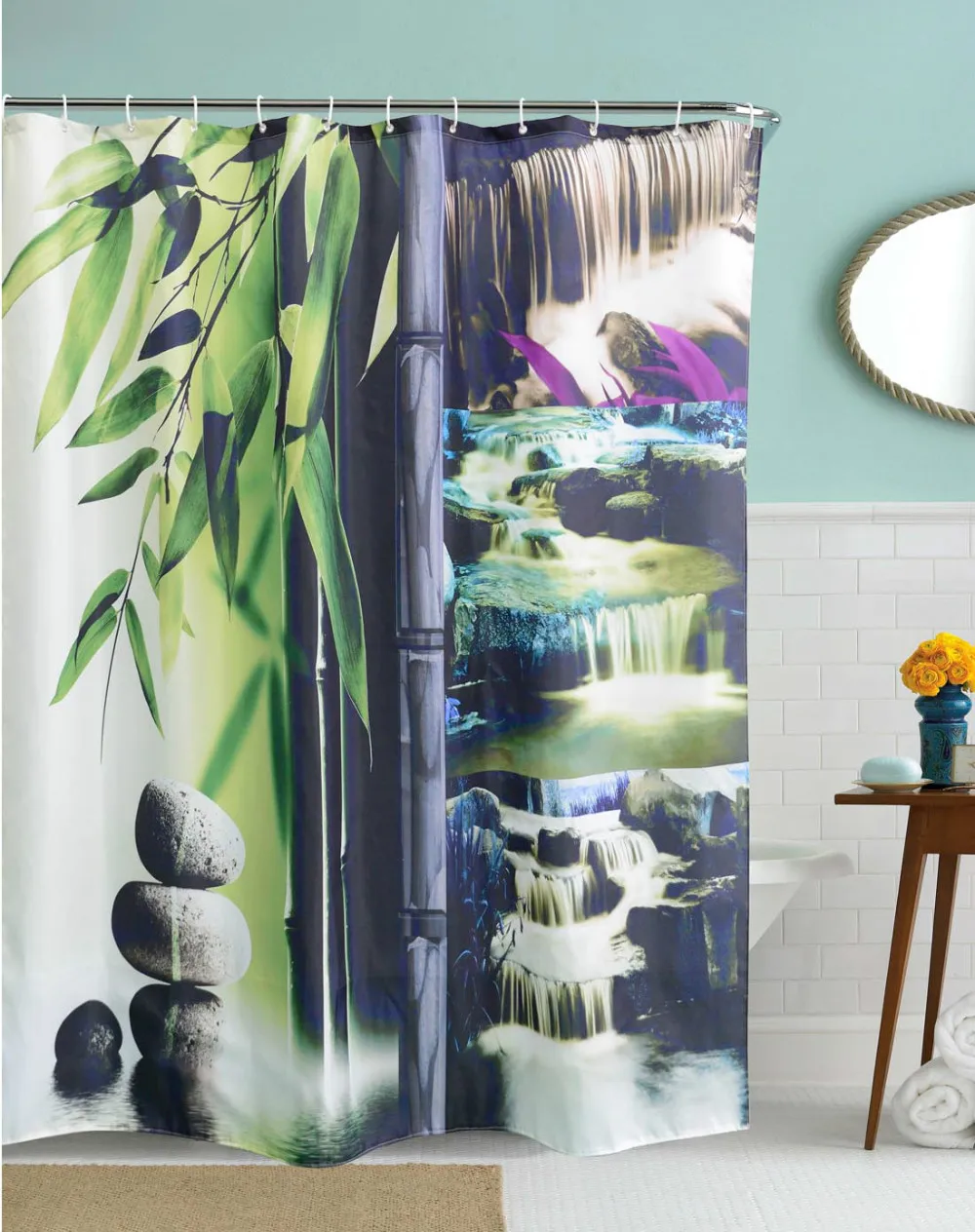WARM TOUR 3D Bamboo Waterfall Waterproof Shower Curtain Polyester