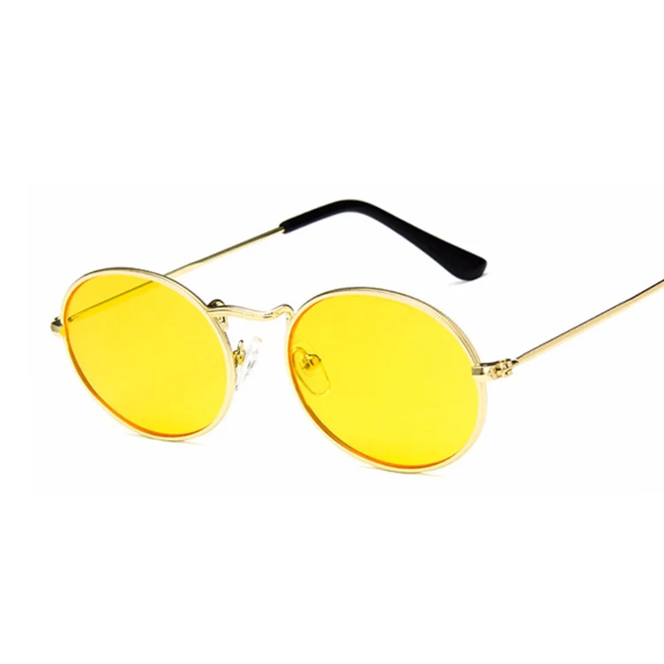 Модные женские солнцезащитные очки знаменитые Овальные Солнцезащитные очки женские роскошные брендовые металлические круглые оправы желтые маленькие дешевые очки Oculos - Цвет линз: GoldYellow