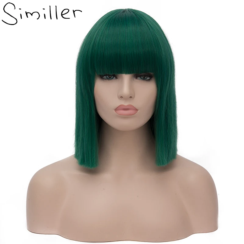 Similler Для женщин короткий Боб синтетические парики высокого Температура волокна волос с бахромой/челкой и Роза чистый темно-зеленый синий