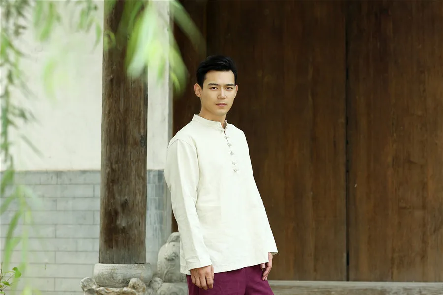 Осень Китайская народная стиль ретро лягушка литературный чистого белья Мужская рубашка Мужская натуральный лен рубашки slim мужская