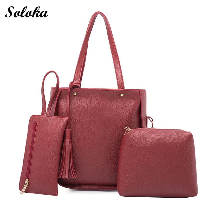 3 Piece Set Women Bag Casual PU Leather Handbag Tassel Shoulder Bag ...