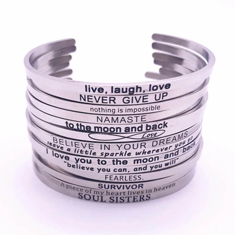 

New Fashion 316L Stainless Steel Bangle Positive Inspirational Quotes Open Cuff Bracelets Mantra 3mm Bracelets Bangles For Women