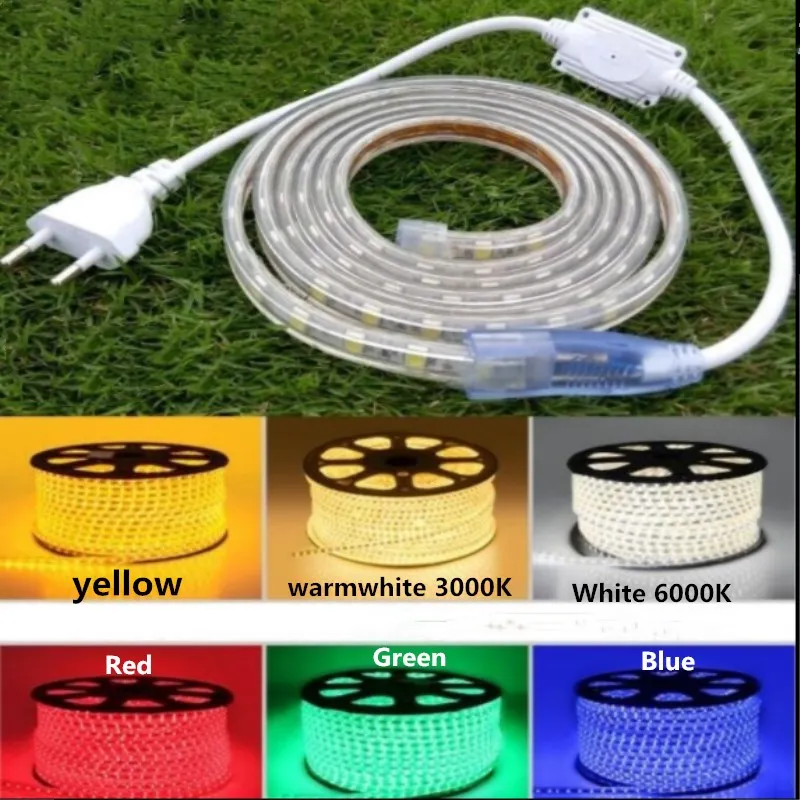 

AC 220V LED Strip Light 5050 Waterproof 230V Kitchen Outdoor Garden Lamp Tape EU Power Plug 2m 5m 8m 10m 15m 20m Blue Red Warm