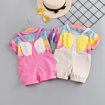

Toddler Boy Outfits Set Rainbow Stripe Tops T-shirt Straps Pants ubranka dla niemowlat baby kleding boys 3 years baby summer