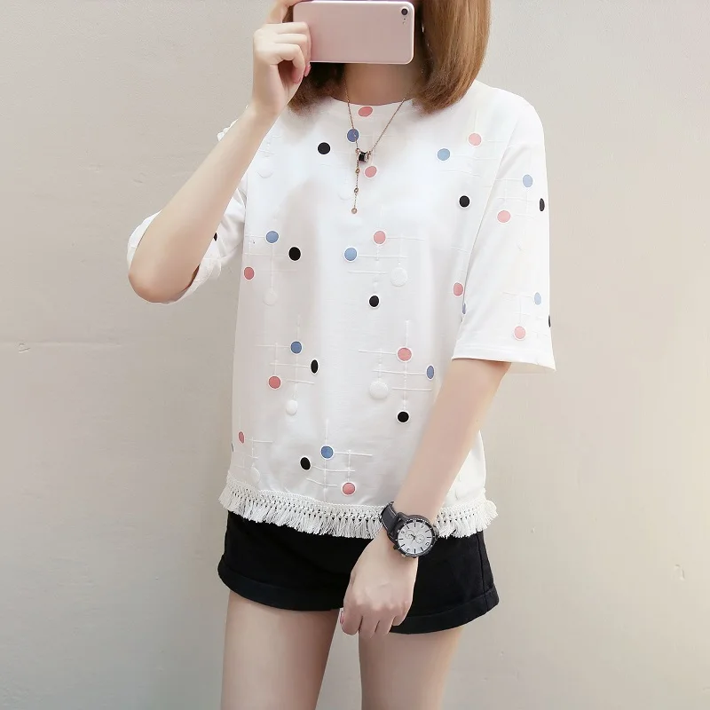 Горячая Распродажа летняя новая женская одежда повседневные хлопковые футболки с 3D принтом в горошек с короткими рукавами и круглым вырезом, свободная футболка с кисточками - Цвет: Белый