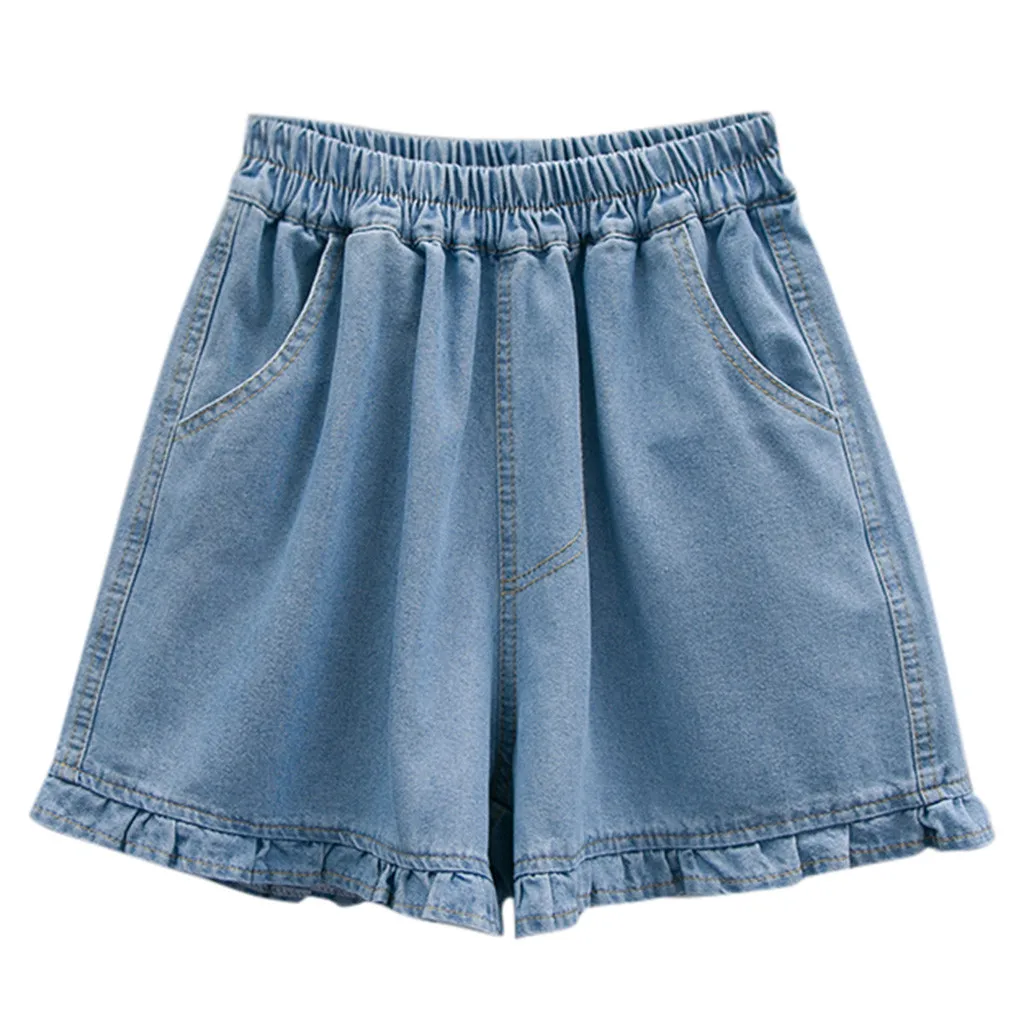 

Ladies large size loose ruffled Hem high waist elastic denim shorts Casual Solid Color Trousers Short jeans Pocket Blue 6.18