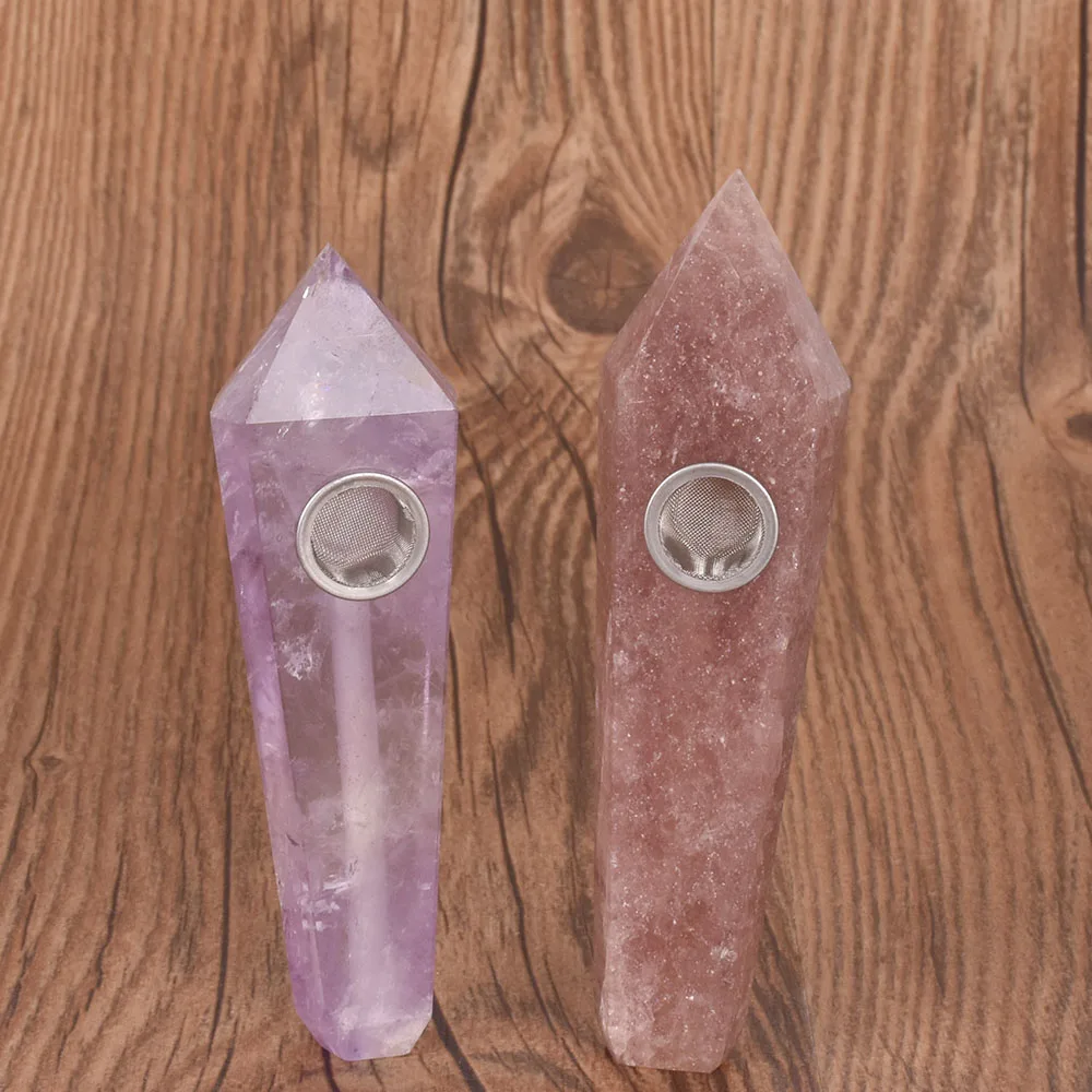 

2PCS Natural Strawberry crystal and purple Crystal Pipe Cigarette Holder Magic Wand Point Health Tobacco Smoking Pipe Healing