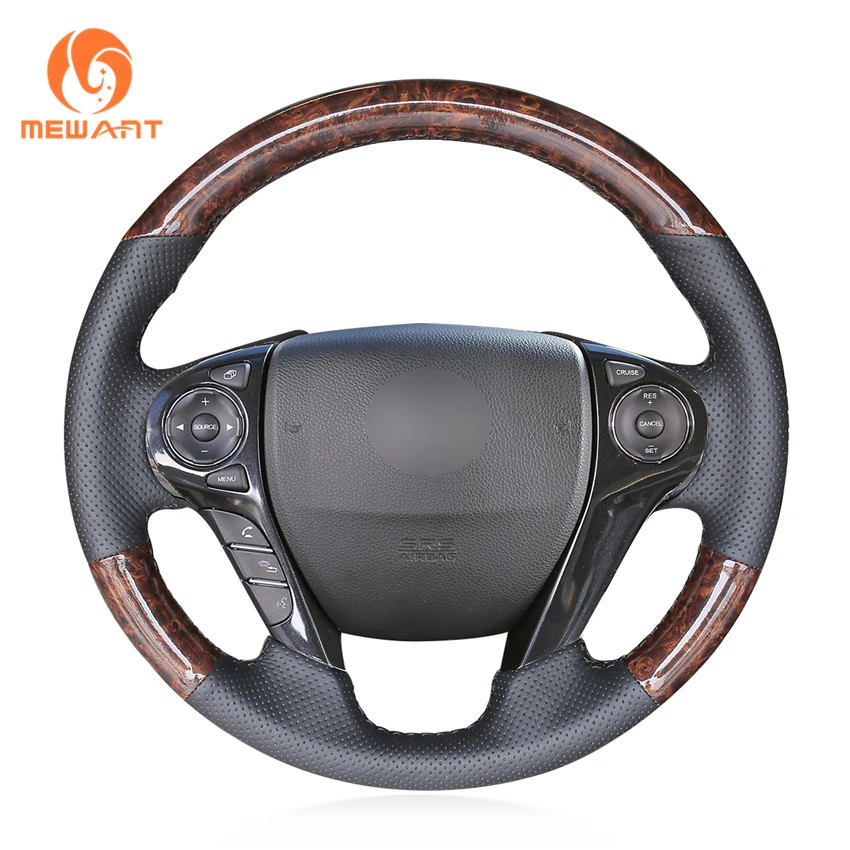 MEWANT Woodgrain Black Leather Hand Sew Wrap Steering Wheel Cover for