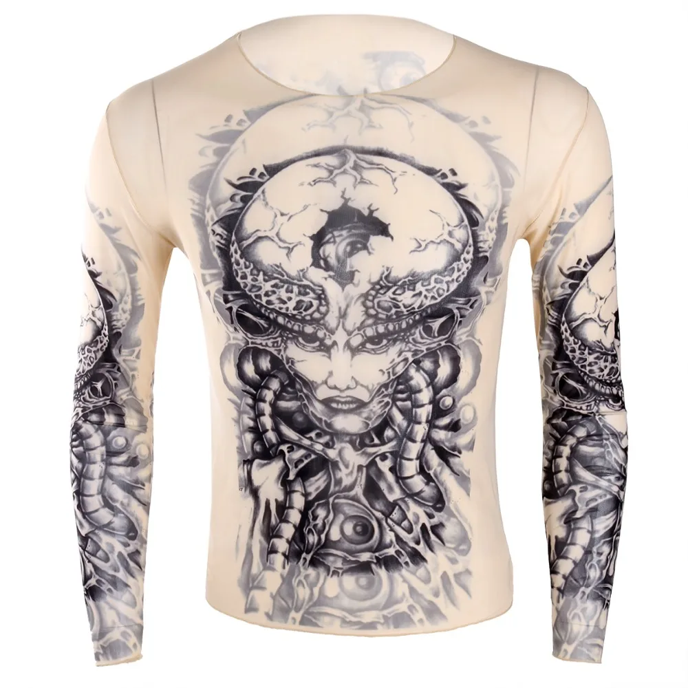 YiZYiF Модные мужские эластичные прозрачные поддельные татуировки дизайн футболка Топ с длинным рукавом o-образным вырезом футболки для мужчин Хэллоуин Вечерние