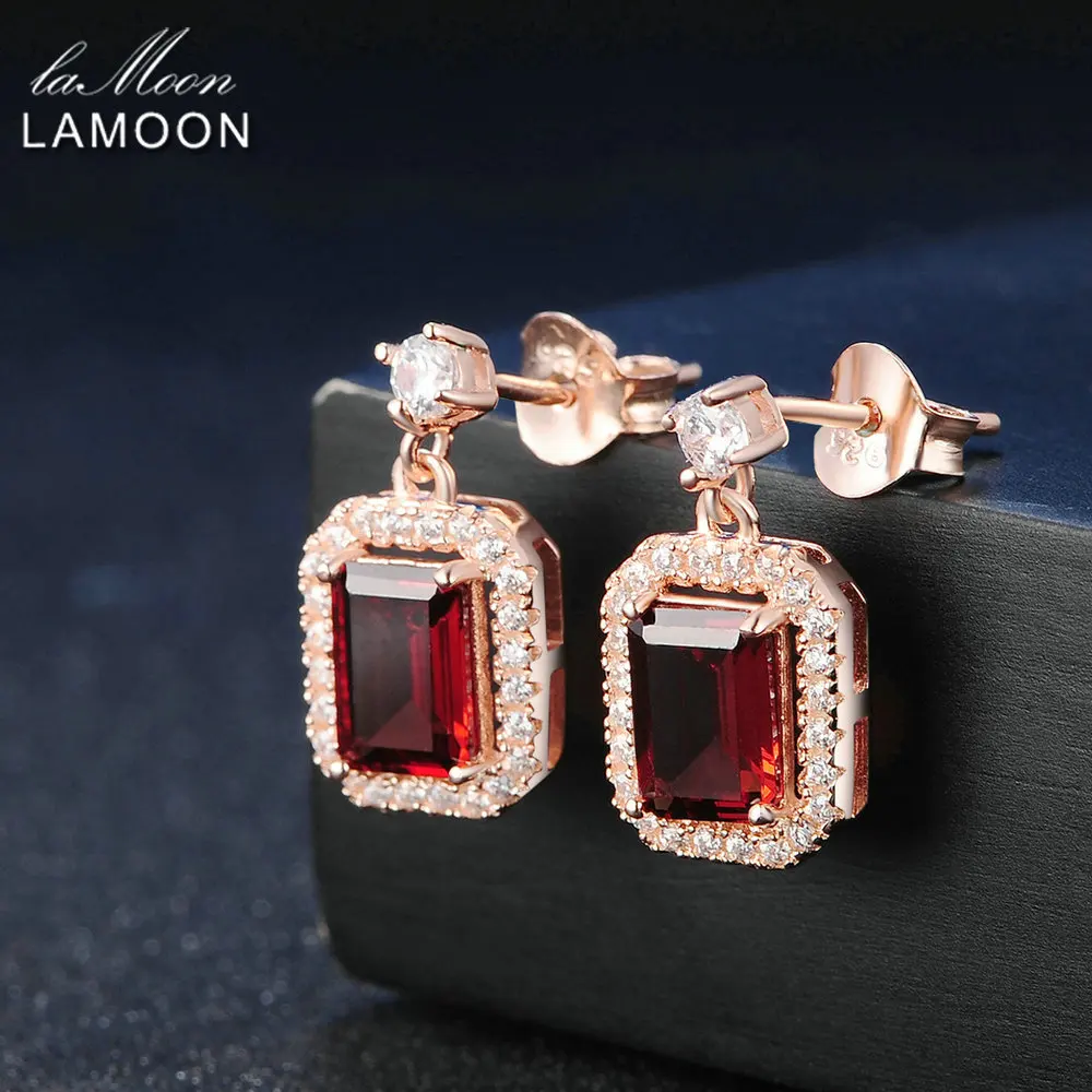 LAMOON Crystal Drop Earrings For Women Classic 1.1ct 100% Natural Red Garnet 925 Sterling Silver S925 Fine Jewelry LMEI025