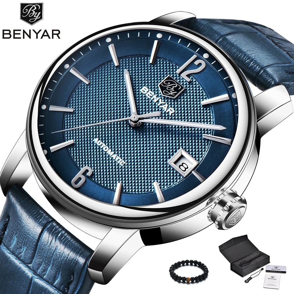 

Benyar Fashion Blue Men Watch Automatic Mechanic Watches Mens Top Brand Luxury Genuine Leather Band Simple Wriswatch Men Clock