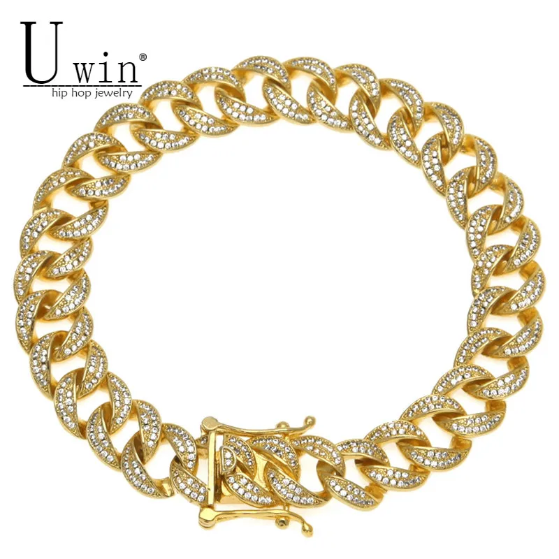 

UWIN Iced Zircon Cuban Chain Bracelet Copper Material AAA CZ Gold Silver Men's Hip Hop Miami Cuban Link Bracelet Fashion Jewelry
