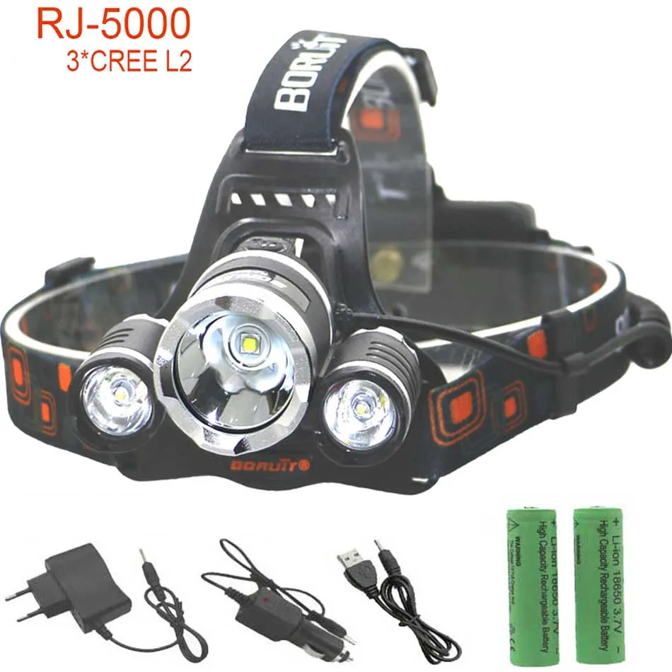RJ3L2 светодио дный Фара 3 * L2 лампа загорается USB Перезаряжаемые 18650 Глава лампы 4 Режим 9000LM с Батарея зарядное устройство