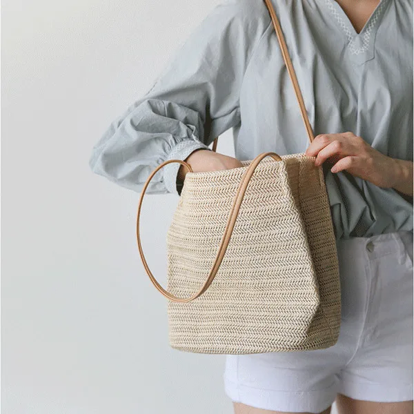 Summer Women Durable Weave Straw Beach Bag Feminine Linen Woven Bucket
