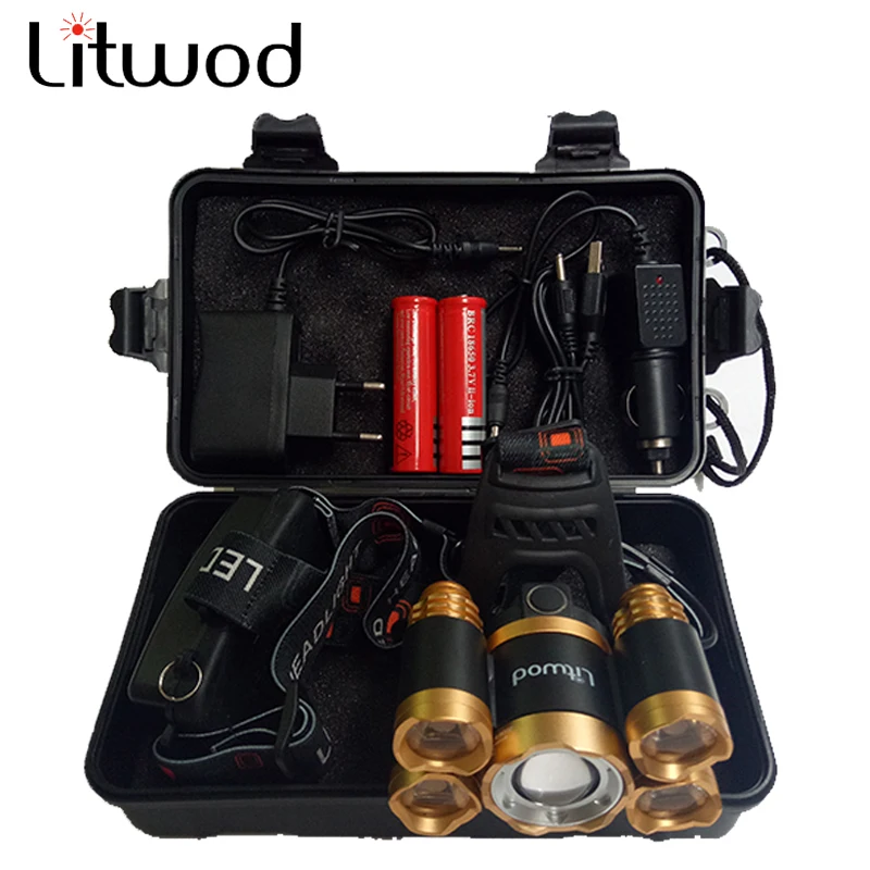 Z20Litwod 15000 Lumens Rechargeable 5 Leds T6 Q5 Headlamp Zoomable Head Flashlight Cree Xml T6 Head