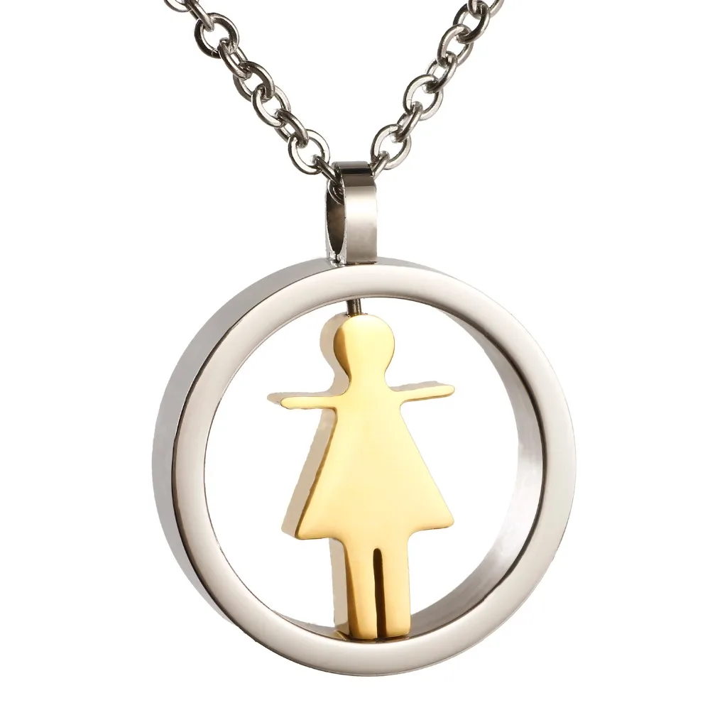 Unisex Quality Stainless Steel Cute Girls Pendant Two Tone Lovers' Figure Chain Necklace Jewelry