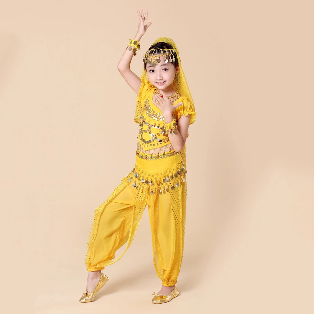 Дети танец живота 5 шт.(топ+ брюки+ талии цепи+ браслет+ головной убор) Индийская одежда девочек танец живота костюм Болливуд H010