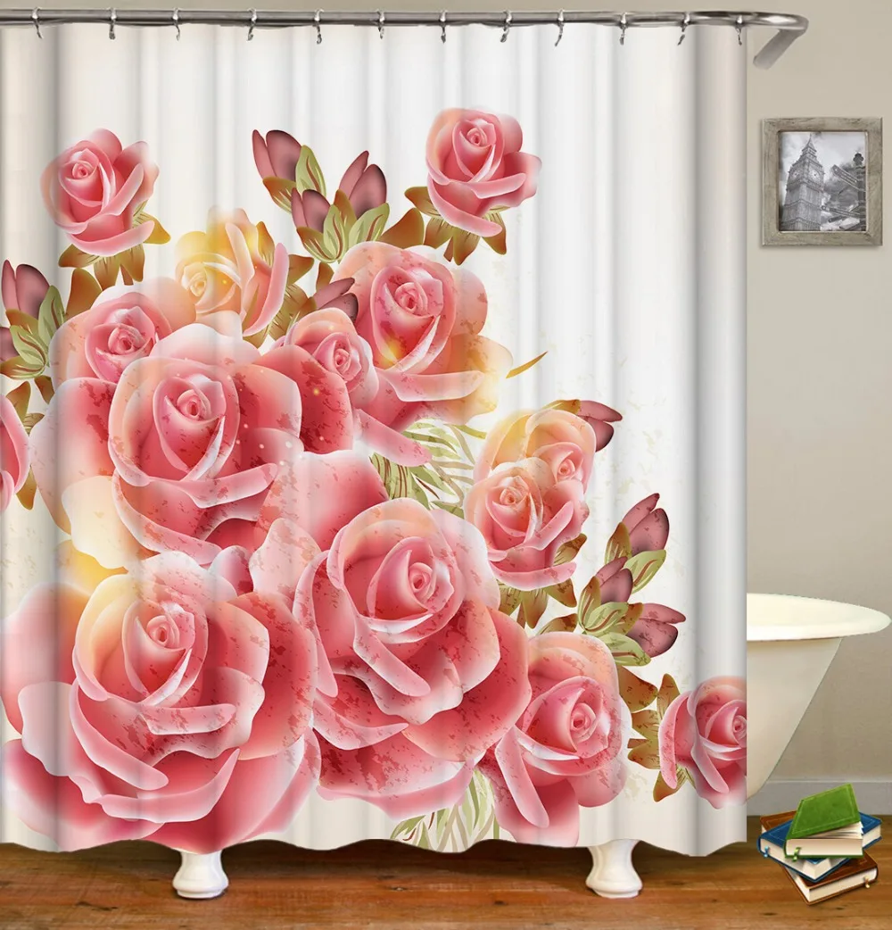 

Pink Flower print Shower Curtains Waterproof Polyester Fabric Bath Screen Curtain for Home Decoration Bathroom Curtain