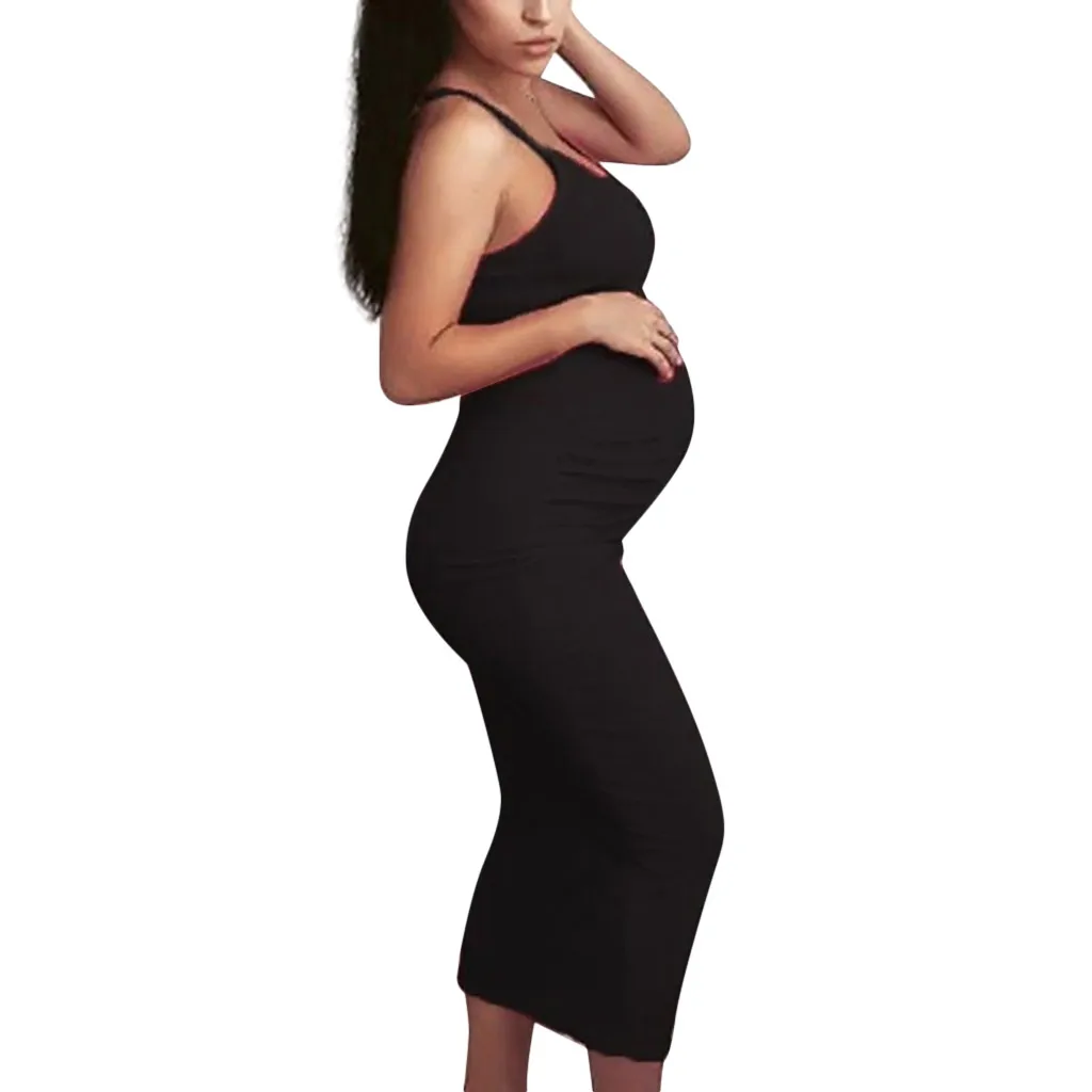 Женское платье для беременных на лето, без рукавов для мамы, Однотонный сарафан на лямках для беременных, твердый облегающий длинный сарафан для беременных - Цвет: Черный