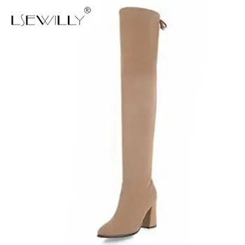 

Lsewilly new thigh high over the knee boots women flock long boots pointed toe warm winter boots high heels shoes woman S966