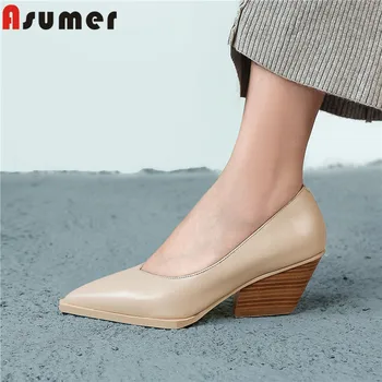 

ASUMER size 34-40 new genuine leather shoes women pointed toe shallow thick high heels shoes classic prom office shoes women