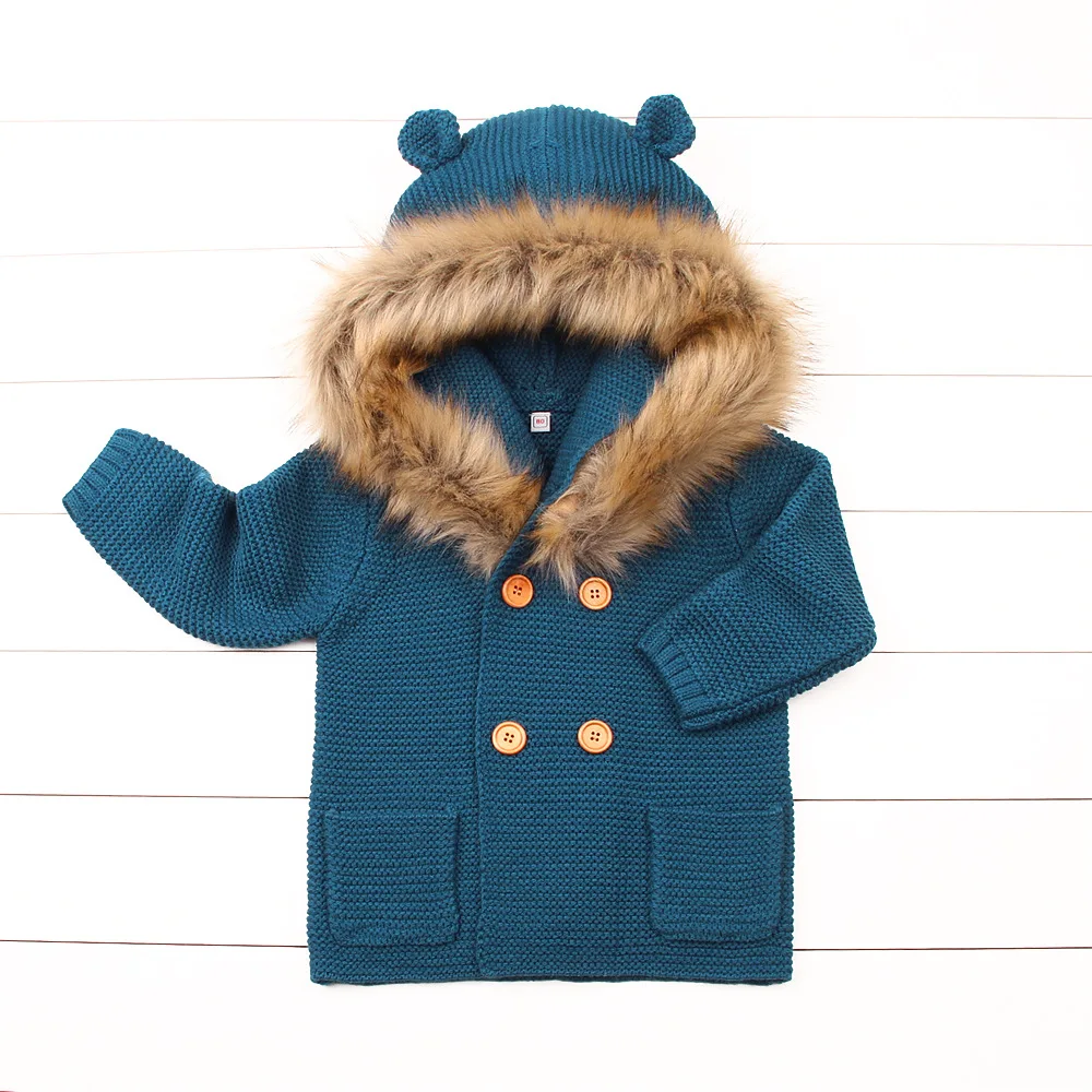 Winter Warm Newborn Baby Sweater Fur Hood Detachable Grey Infant Boys Girls Knitted Cardigan