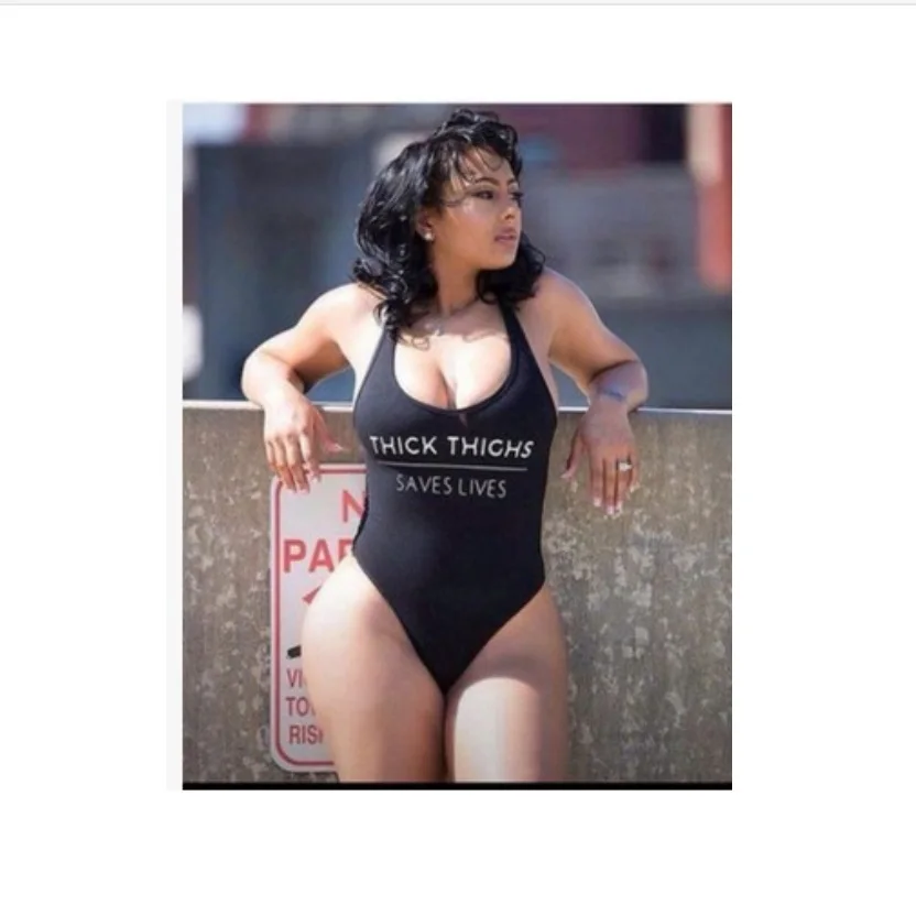 

New Letter Print Swimsuit Bodysuit One-Piece Sexy Swimwear THICK THIGHS SAVES LIVES