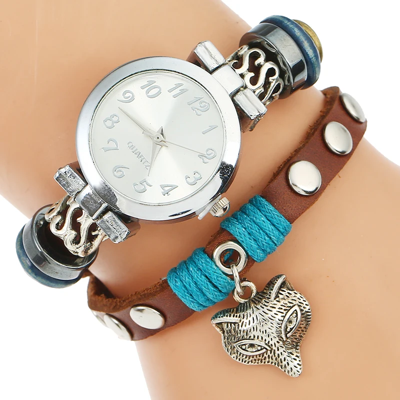

Top Vintage Genuine Leather Bracelet Watch Women Fox Charm Retro Wristwatch Digital Luxury Quartz