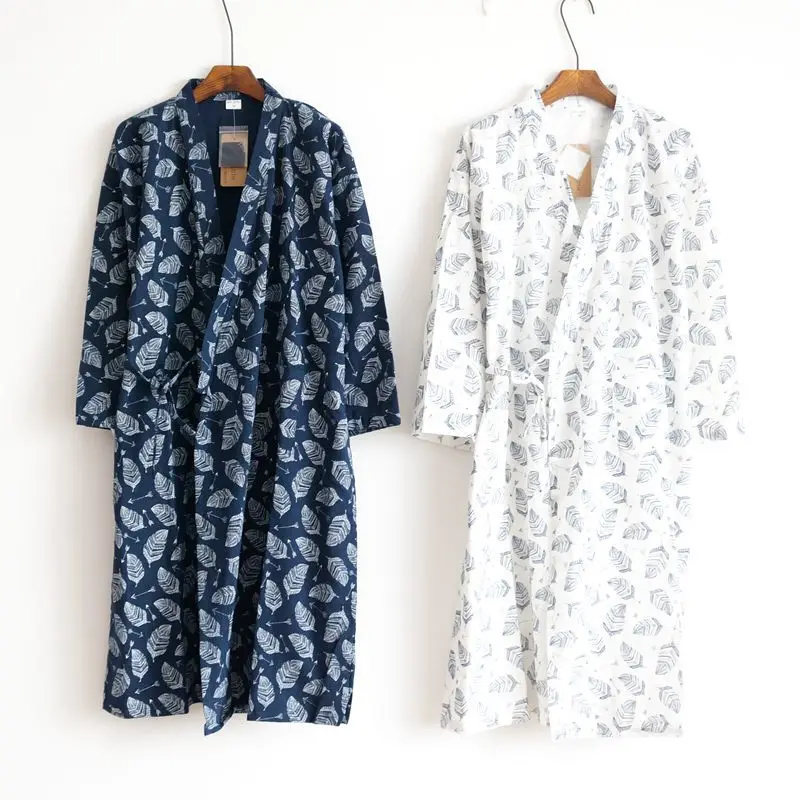 

2019 Summer Men's Robe 100% Cotton Gauze Leaf Loose Comfortable Leaves Kimono Robes Home Clothing Nightly Long Bathrobes