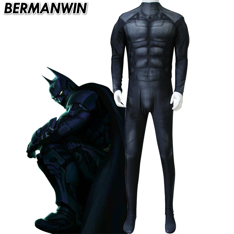 

BERMANWIN High Quality Black Batman Costume adult batman suit with muscle padding spandex lycra zentai Halloween Cosplay Costume